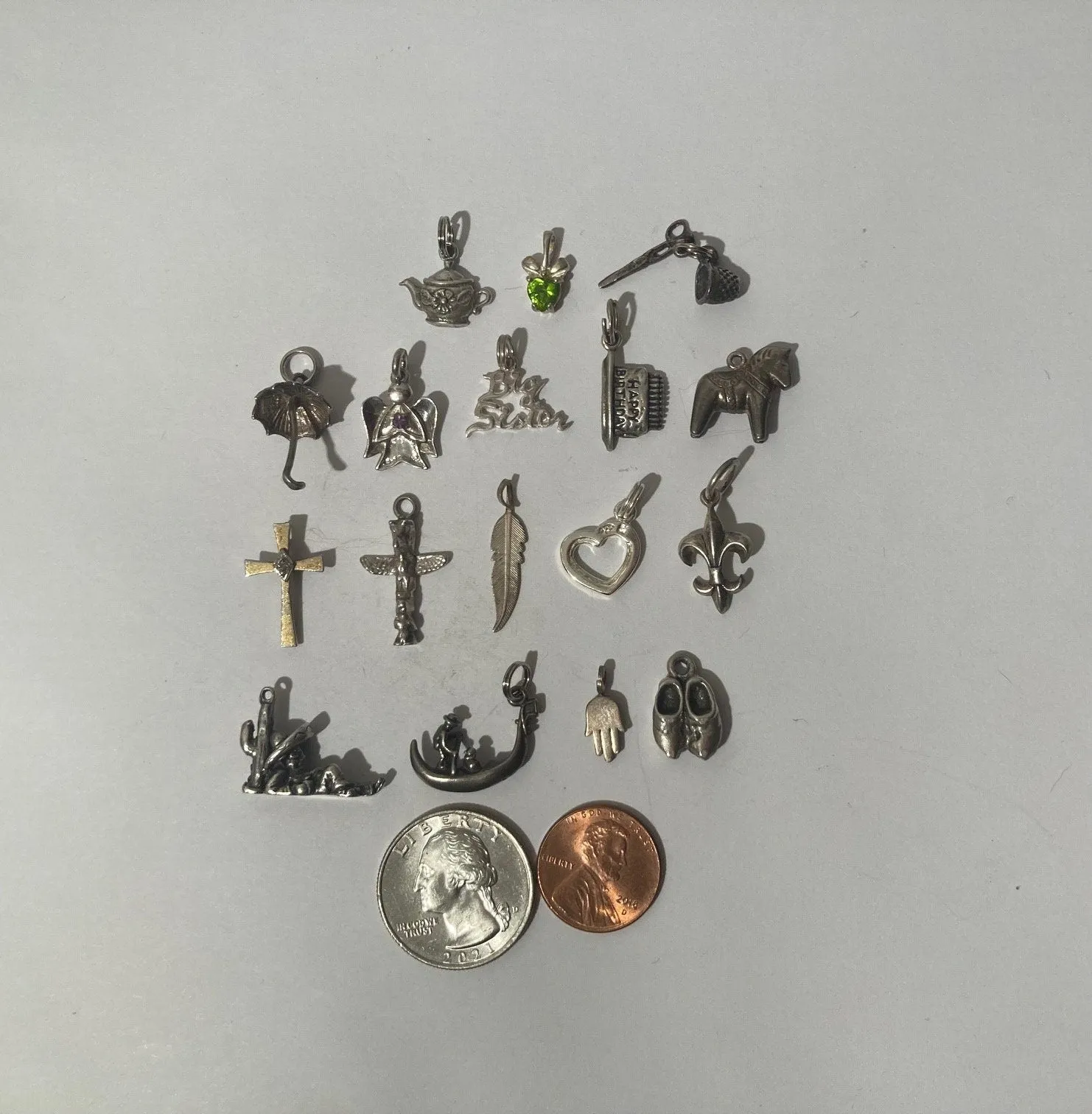 17 Vintage Sterling Silver 925 Metal Pendants, Cross, Horse, Shoes, Green Stone, So Cute, Nice Designs, Pendants for Necklaces, Bracelets