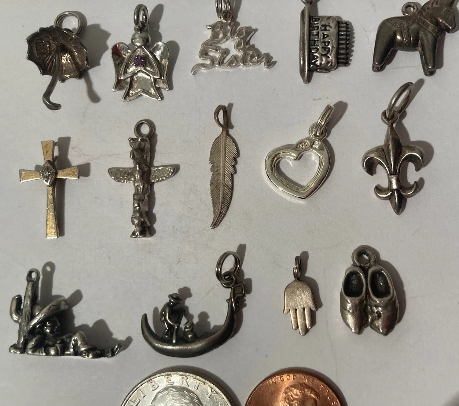 17 Vintage Sterling Silver 925 Metal Pendants, Cross, Horse, Shoes, Green Stone, So Cute, Nice Designs, Pendants for Necklaces, Bracelets