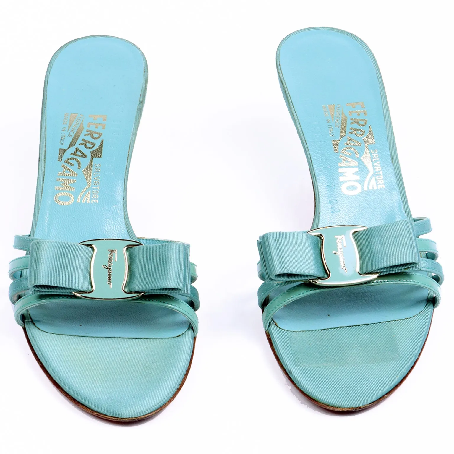 1990s Salvatore Ferragamo Turquoise Blue Bow Sandals