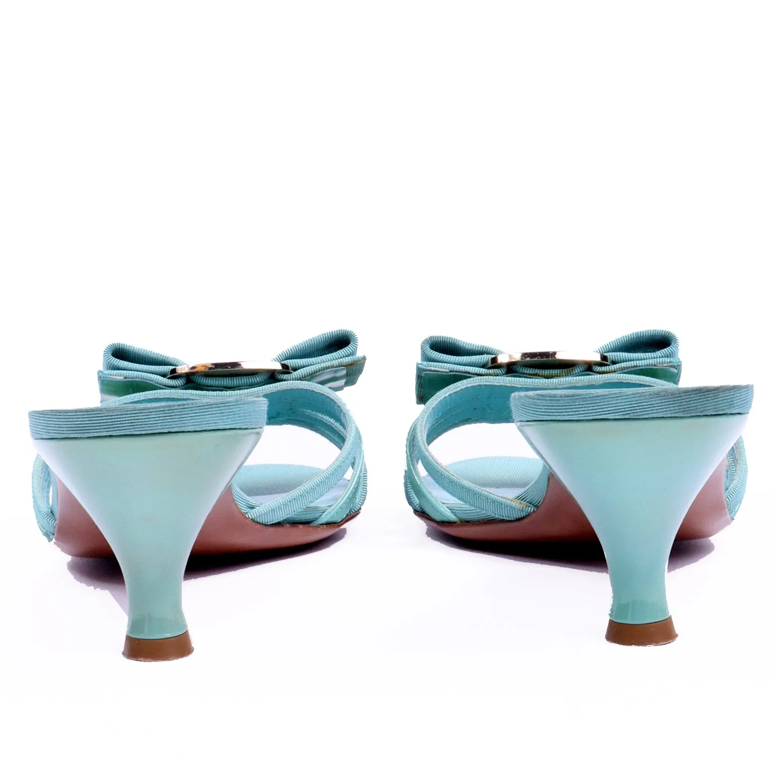 1990s Salvatore Ferragamo Turquoise Blue Bow Sandals