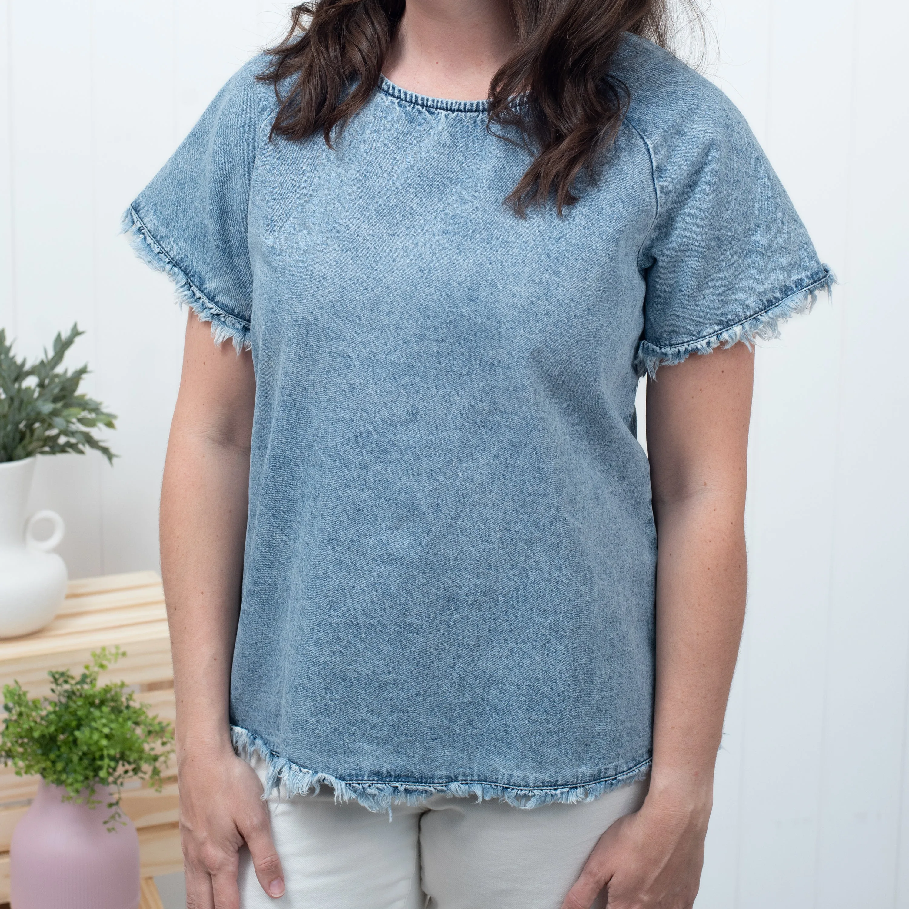 A New Story - Sky Blue Raw Edge Denim Top