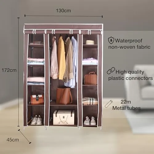 AROME PUR Fabric Canvas Wardrobe Organizers Clothes Rail Shelves Storage Closet Triple (Brown)