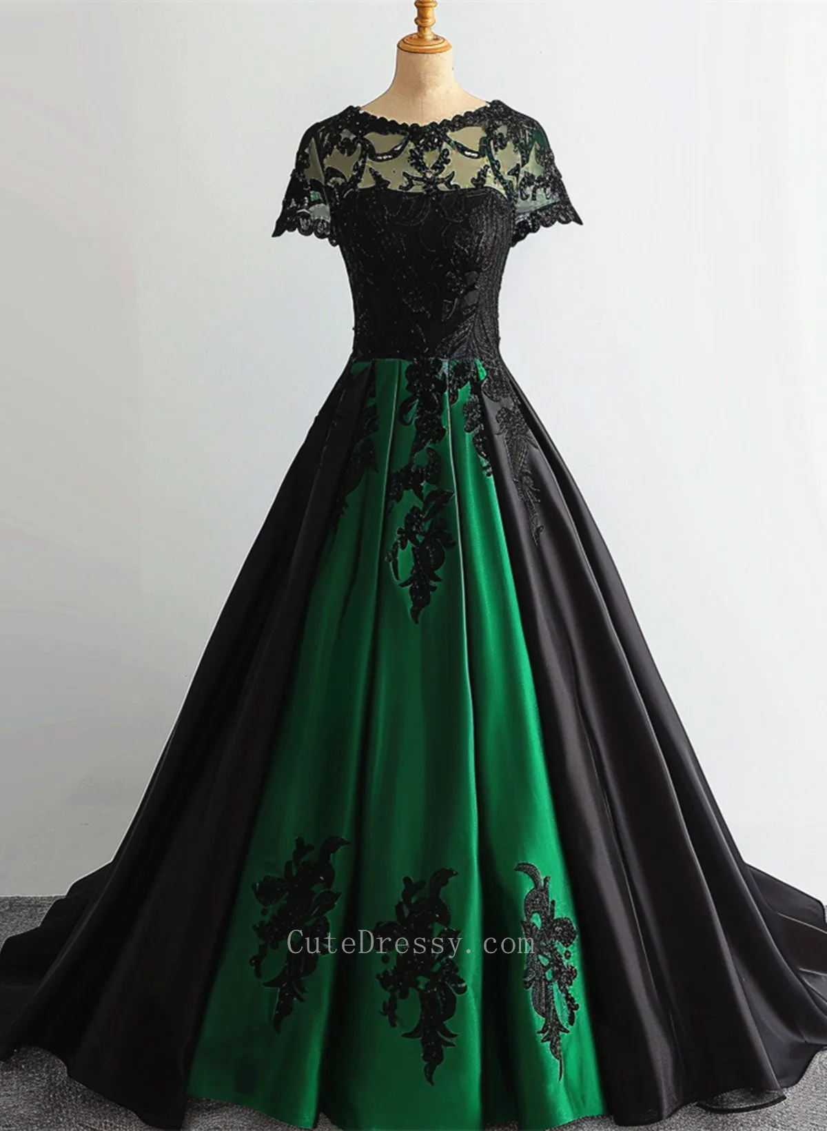 Black and Green Satin Short Sleeves Long Party Dress, Black and Green Formal Dress