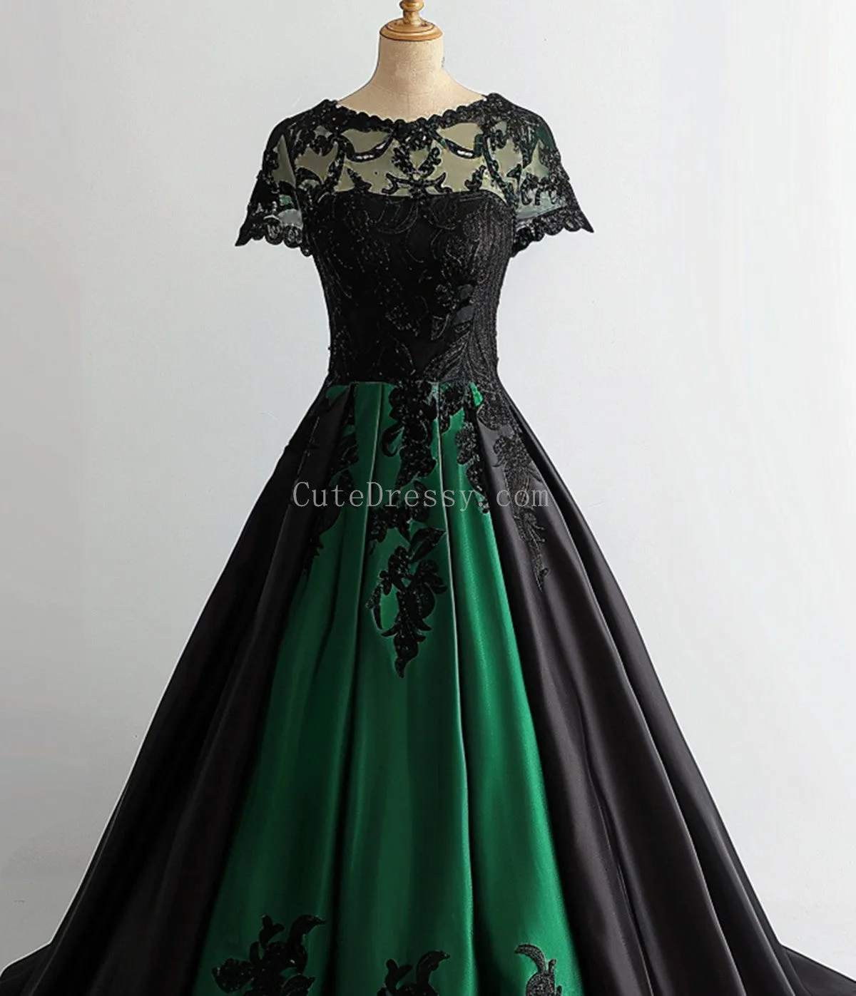 Black and Green Satin Short Sleeves Long Party Dress, Black and Green Formal Dress