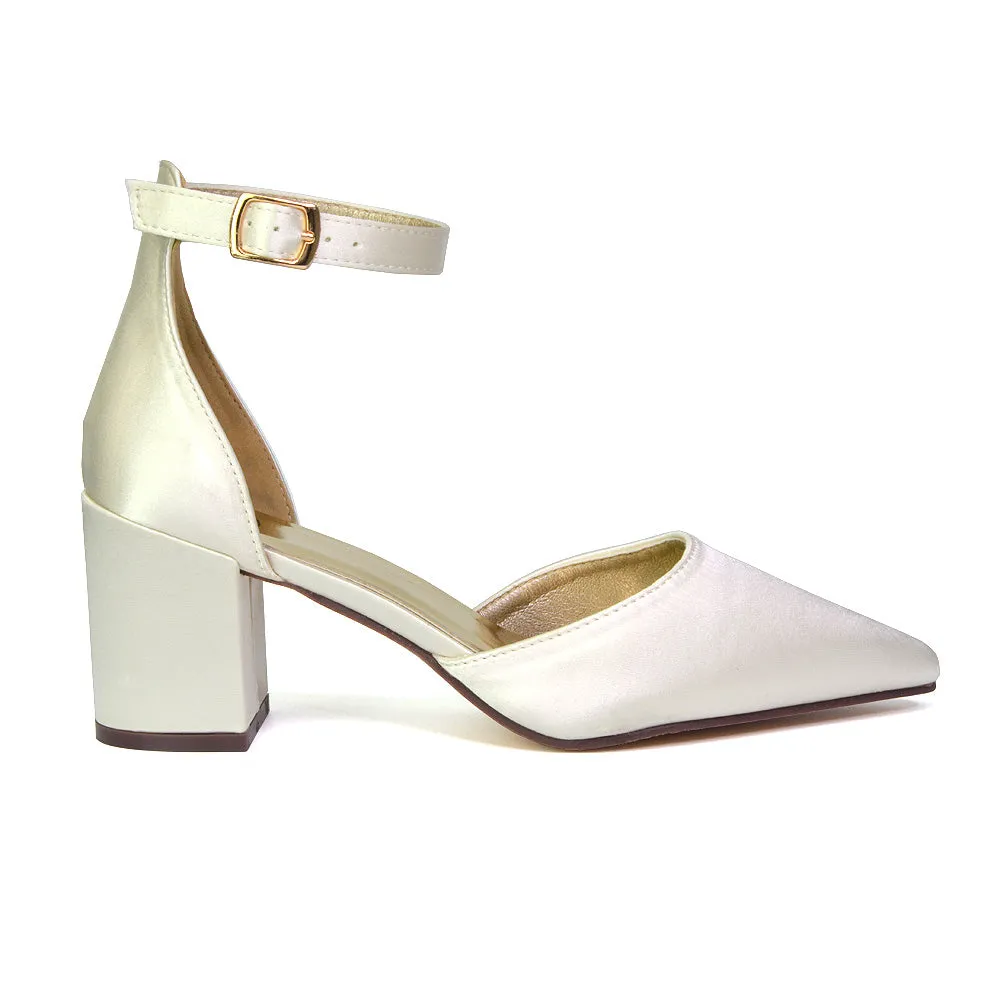 Bronte Pointed Toe Strappy Mid Block Heel Sandal Court Shoes in Ivory