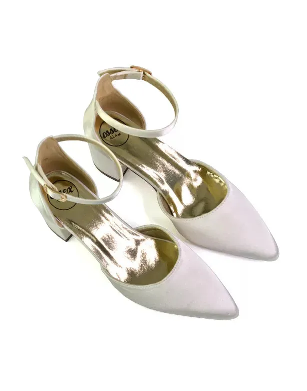 Bronte Pointed Toe Strappy Mid Block Heel Sandal Court Shoes in Ivory