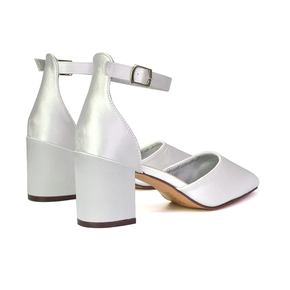 Bronte Pointed Toe Strappy Mid Block Heel Sandal Court Shoes in Ivory