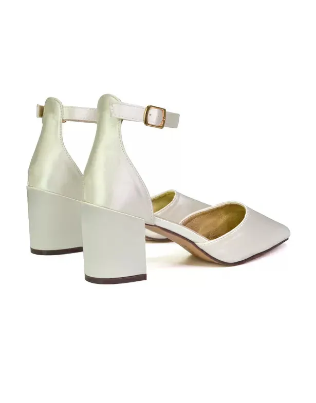 Bronte Pointed Toe Strappy Mid Block Heel Sandal Court Shoes in Ivory