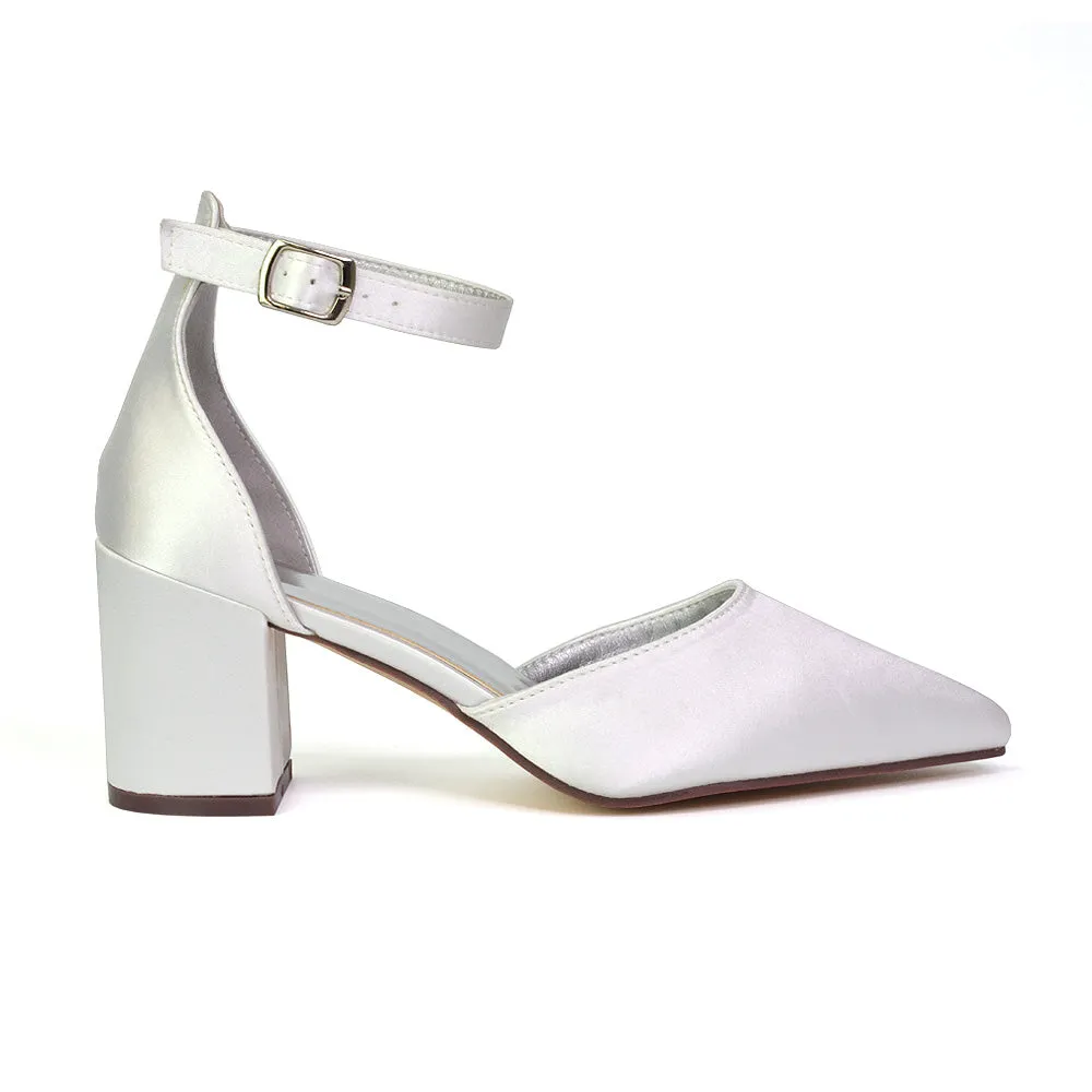 Bronte Pointed Toe Strappy Mid Block Heel Sandal Court Shoes in Ivory