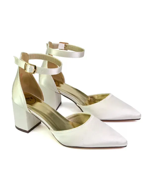 Bronte Pointed Toe Strappy Mid Block Heel Sandal Court Shoes in Ivory