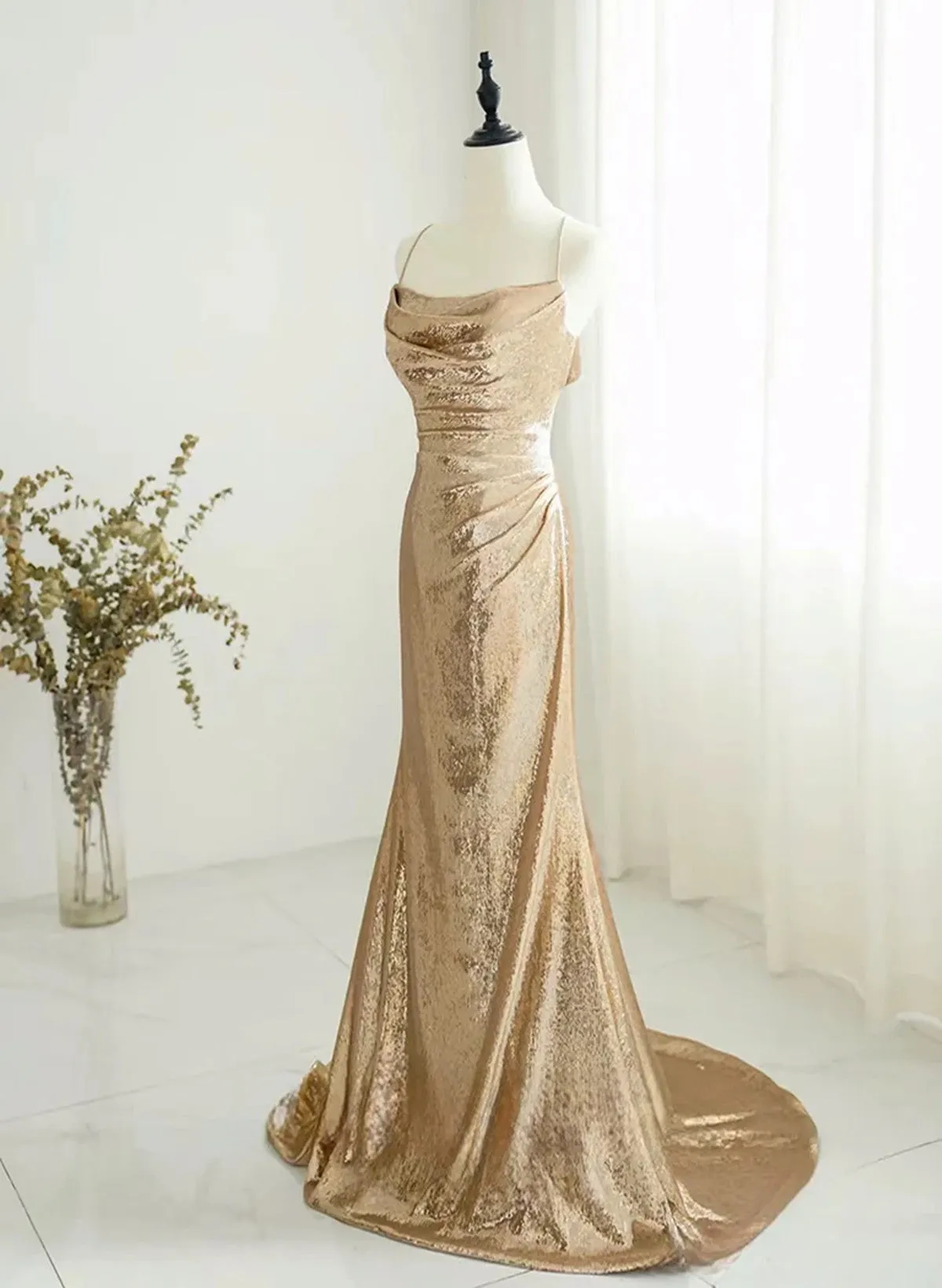 Chic Champagne Sequins Long Prom Dress, Sequins Champagne Formal Dress