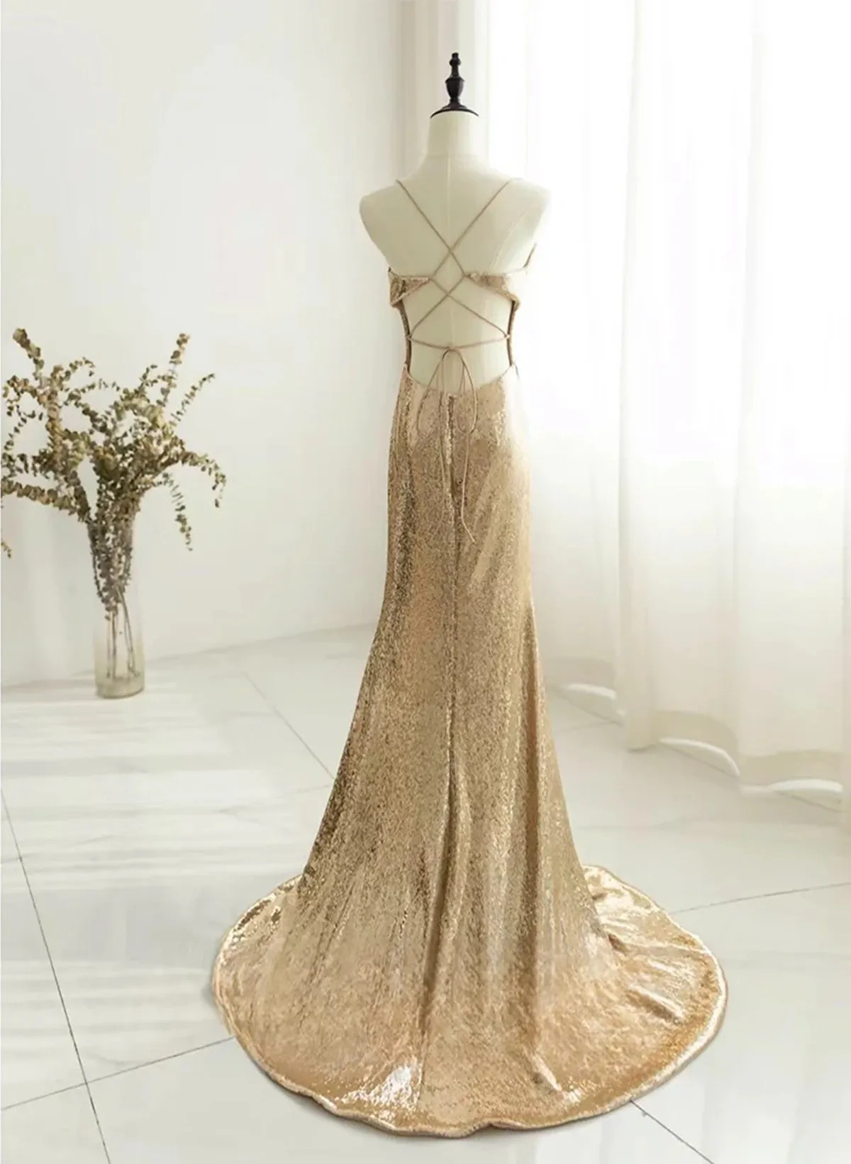 Chic Champagne Sequins Long Prom Dress, Sequins Champagne Formal Dress