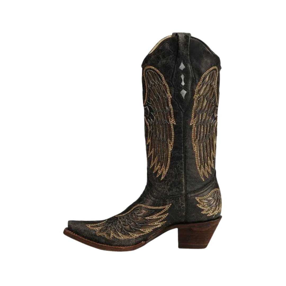 Corral Boots Women's Black and Gold Angel Wing Cross Inlay Boot