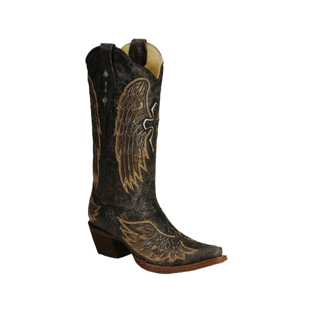 Corral Boots Women's Black and Gold Angel Wing Cross Inlay Boot