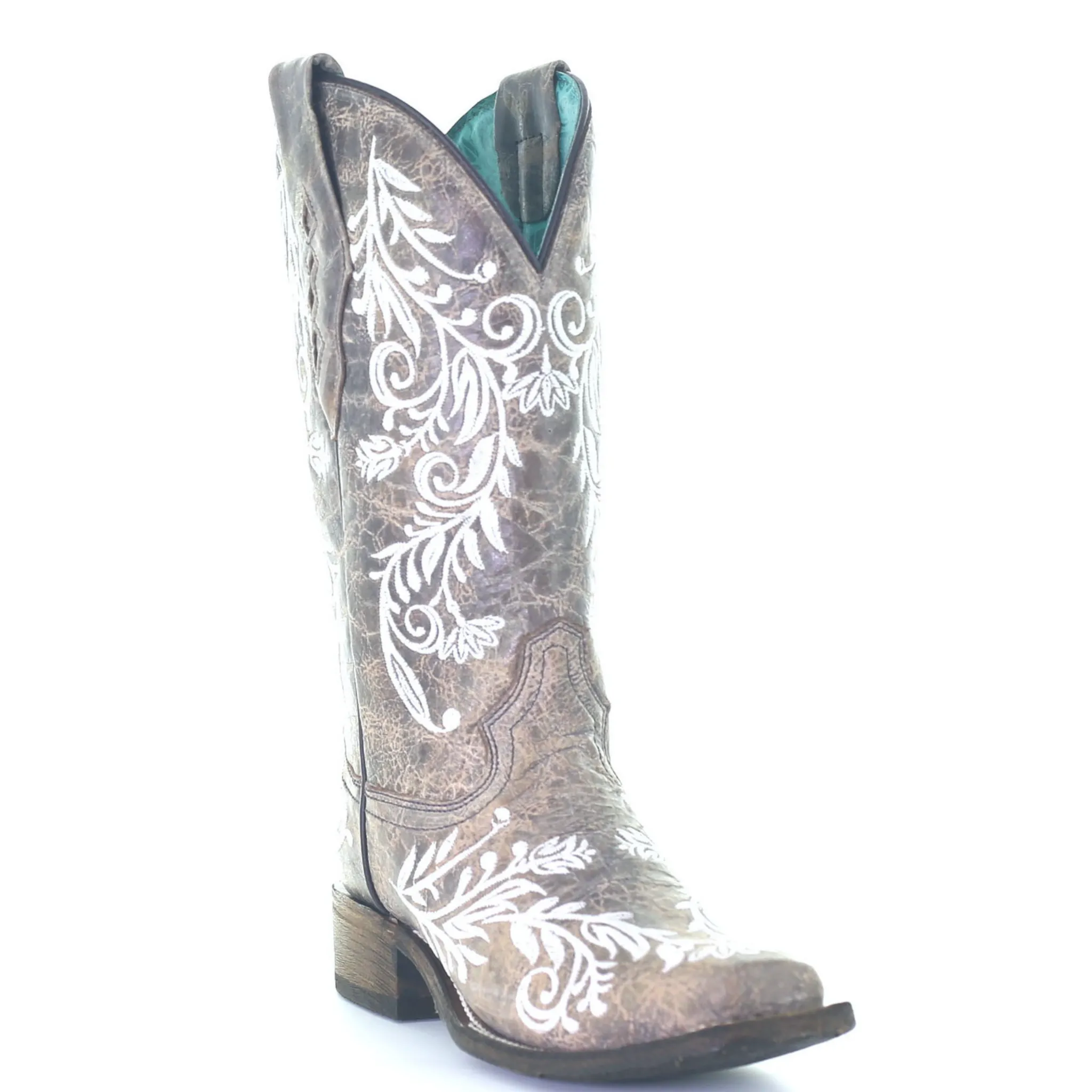 CORRAL WOMEN'S BROWN & WHITE EMBROIDERED SQUARE TOE BOOT - A4063