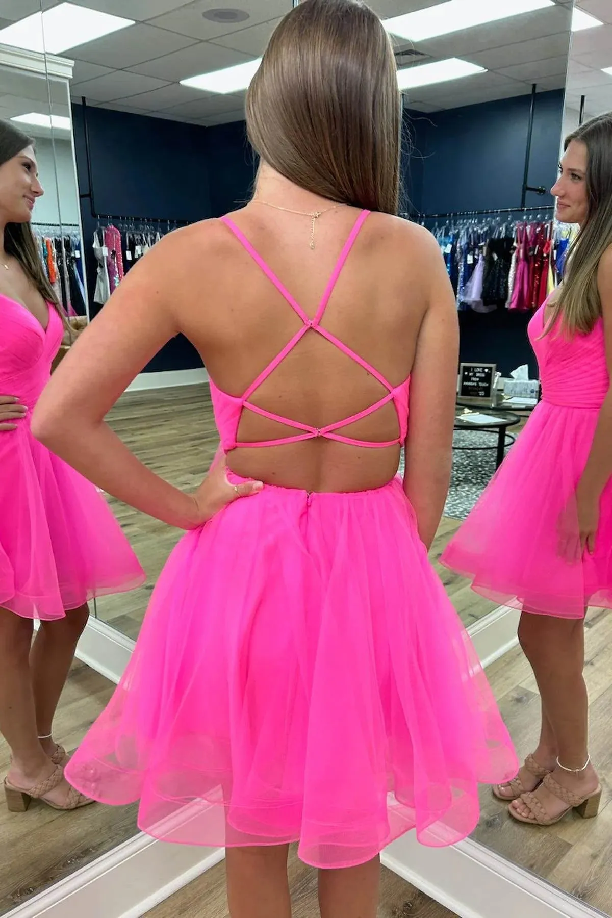 Criss Cross Back Hot Pink Straps A-Line Tulle Homecoming Dress PD487