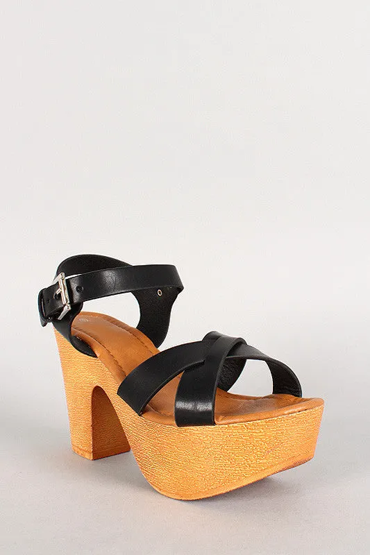 Criss Cross Open Toe Faux Wooden Platform Heel