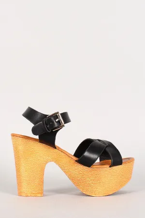 Criss Cross Open Toe Faux Wooden Platform Heel