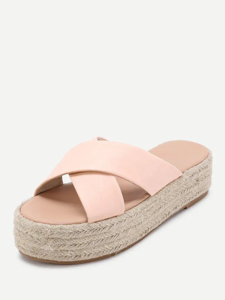 Cross Strap Woven Flatform Sliders