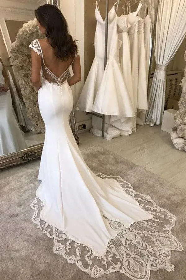 Elegant Mermaid Cap Sleeve V Neck Satin Wedding Dress With Lace Appliques  WD587