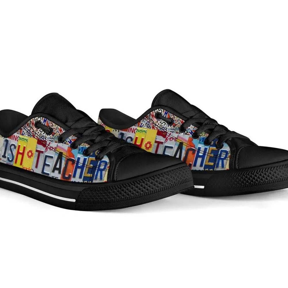 English Teacher License Plates Low Top Black Shoes, Teacher Shoes, Low Top Sneakers