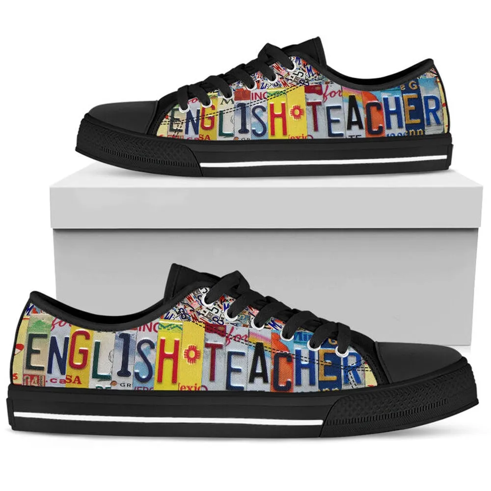 English Teacher License Plates Low Top Black Shoes, Teacher Shoes, Low Top Sneakers