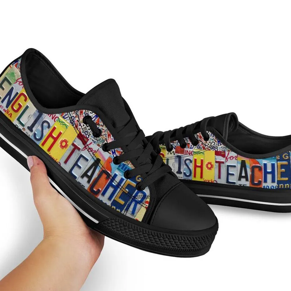 English Teacher License Plates Low Top Black Shoes, Teacher Shoes, Low Top Sneakers