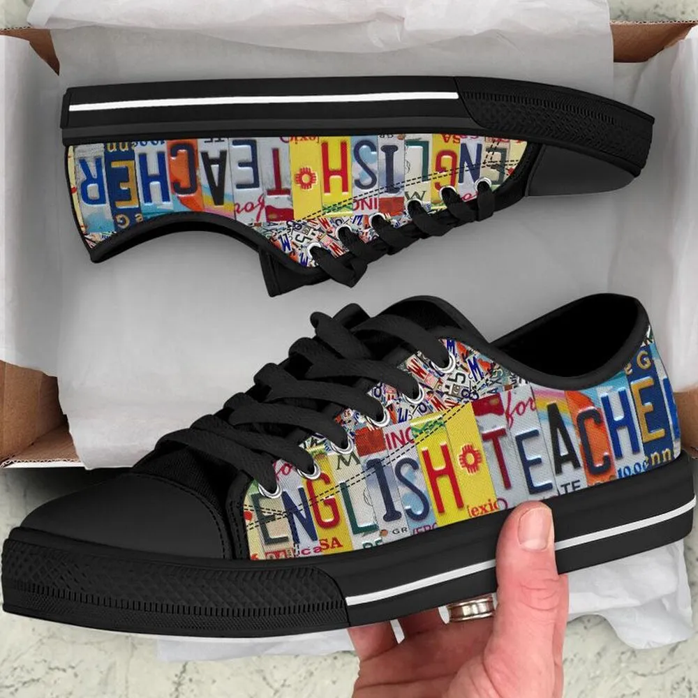 English Teacher License Plates Low Top Black Shoes, Teacher Shoes, Low Top Sneakers