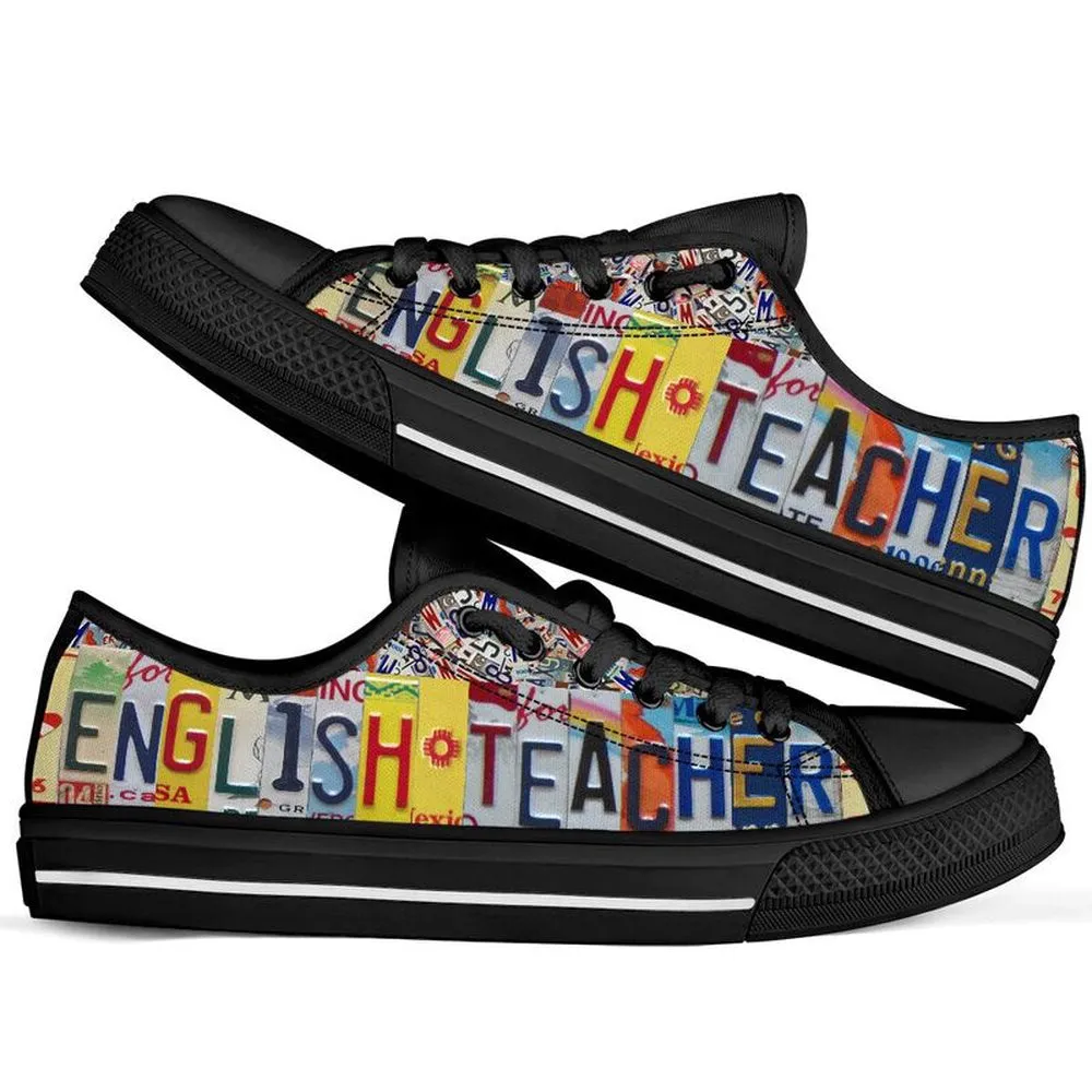 English Teacher License Plates Low Top Black Shoes, Teacher Shoes, Low Top Sneakers