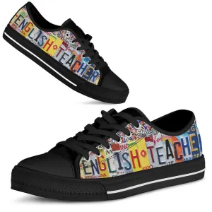 English Teacher License Plates Low Top Black Shoes, Teacher Shoes, Low Top Sneakers