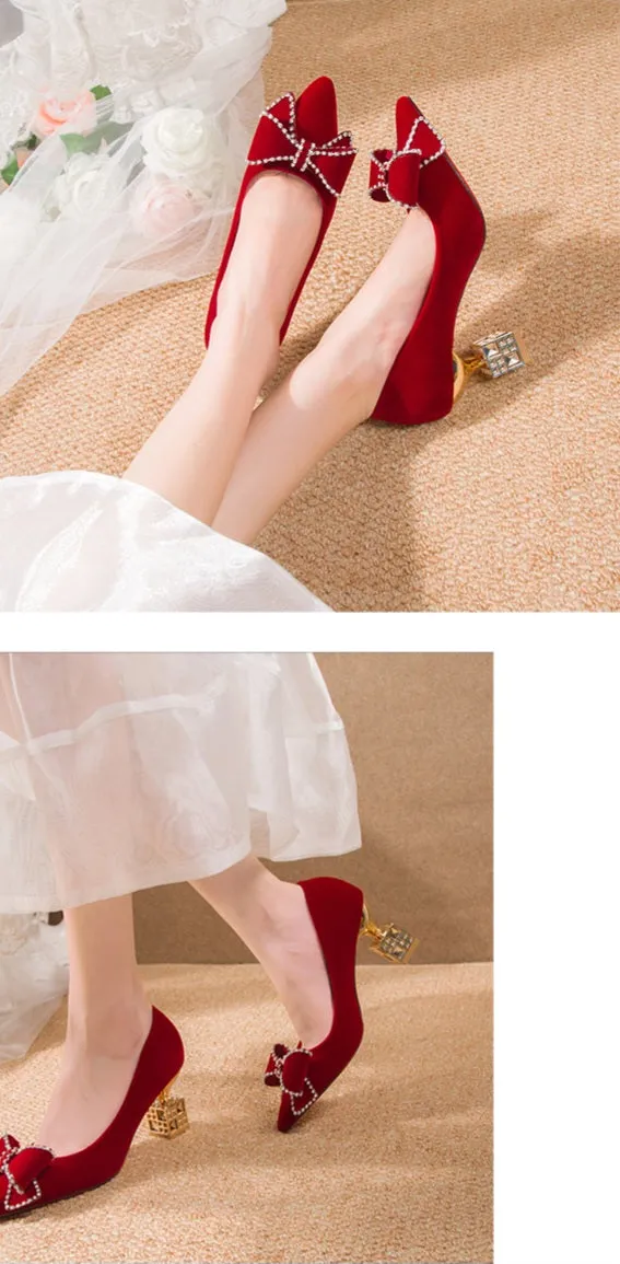 Exotic Red Bow Embellished Court Heels