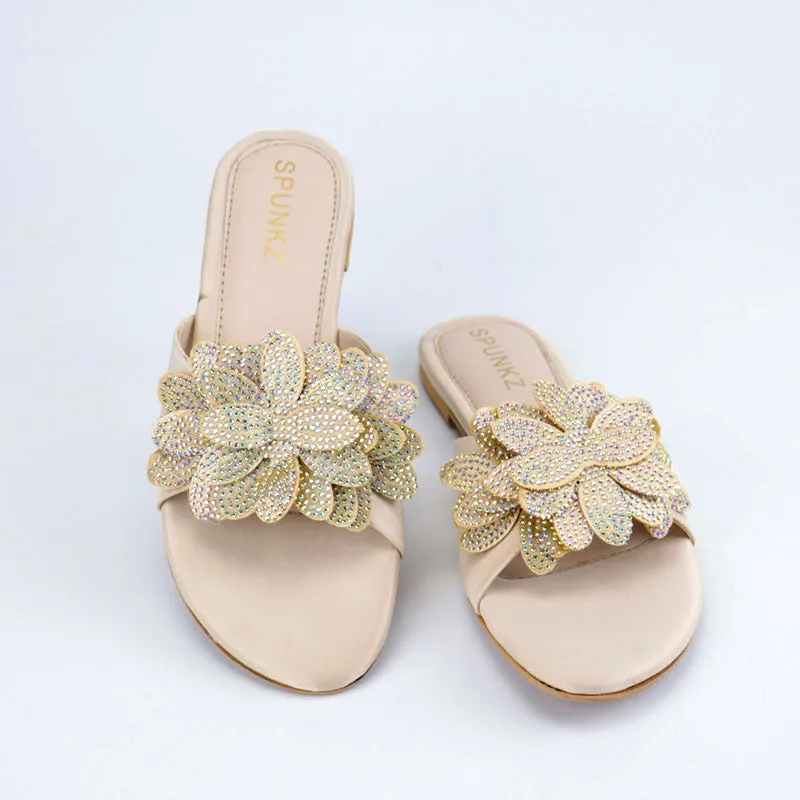 Flower Petal Rhinestone Decor Formal Flat Slippers