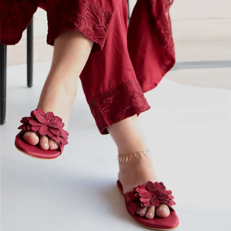 Flower Petal Rhinestone Decor Formal Flat Slippers