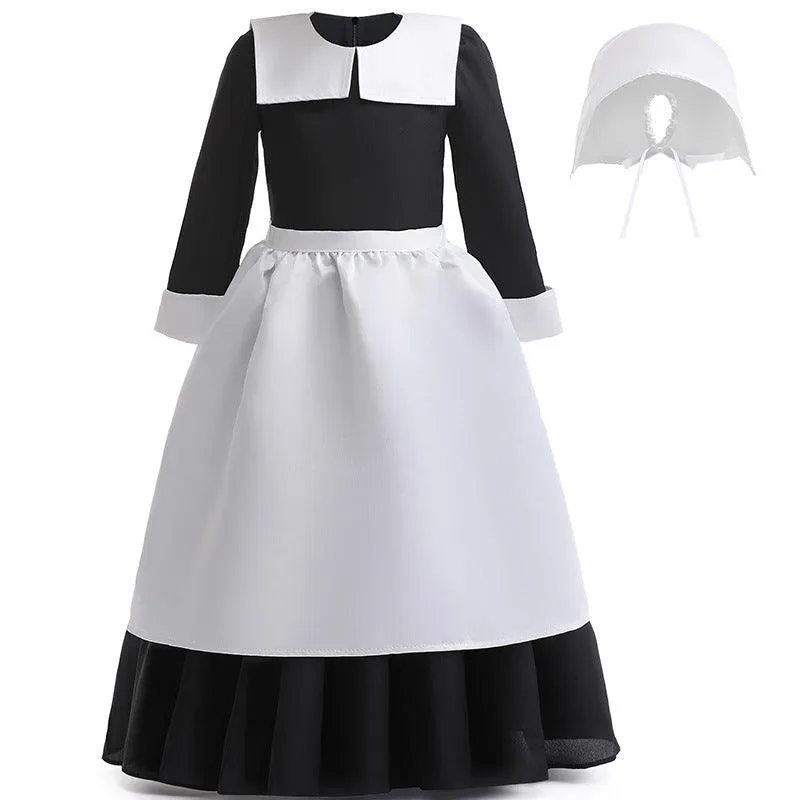 Girls' collar long sleeved casual dress 2024 new stage performance maid costume Simple Vintage Long Dress