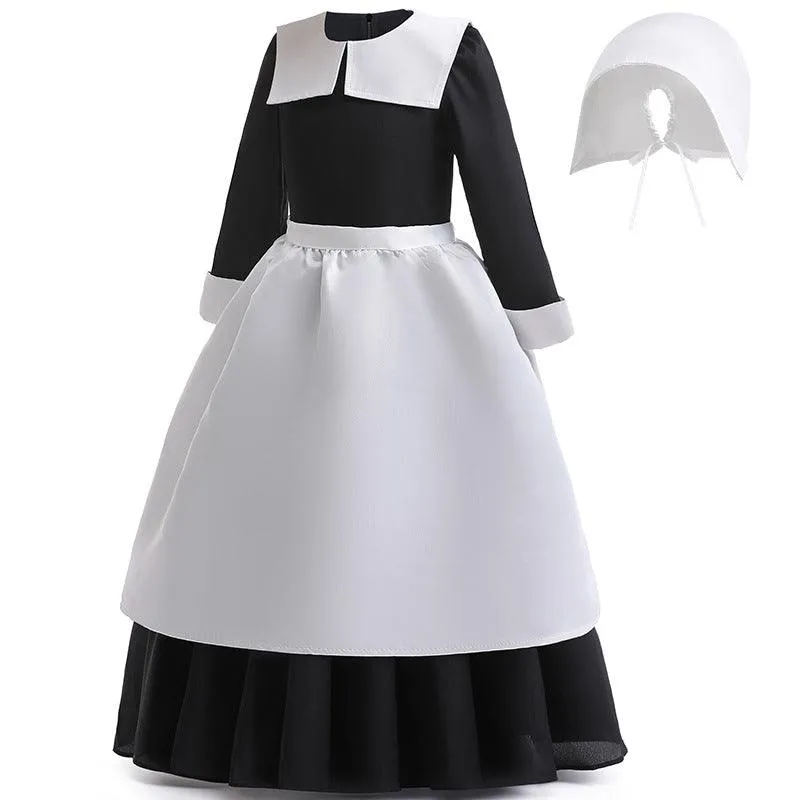 Girls' collar long sleeved casual dress 2024 new stage performance maid costume Simple Vintage Long Dress