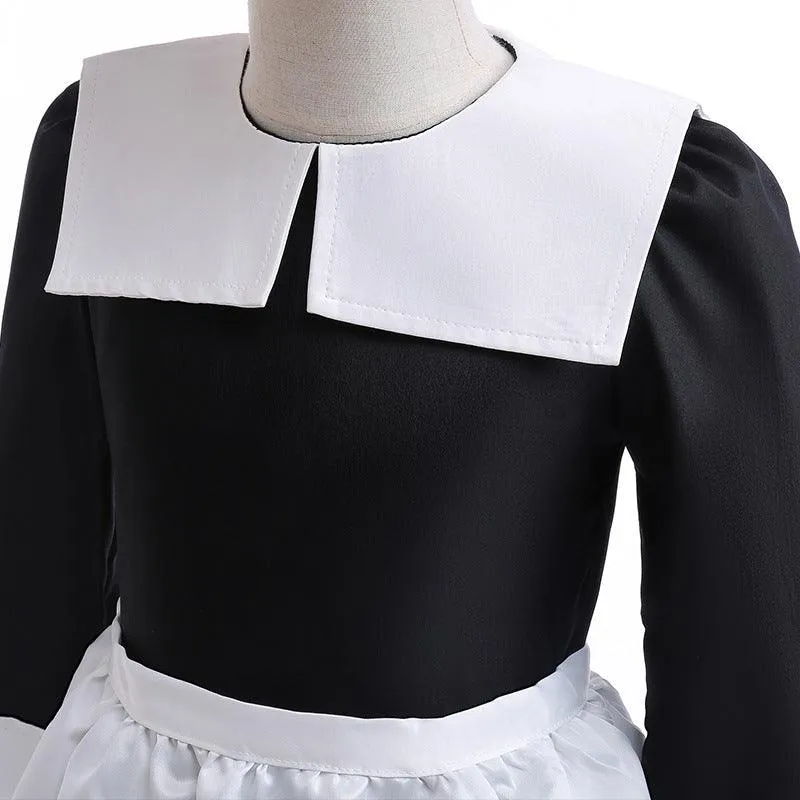 Girls' collar long sleeved casual dress 2024 new stage performance maid costume Simple Vintage Long Dress