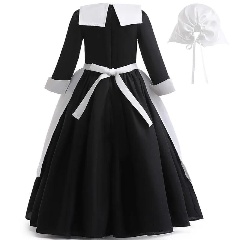 Girls' collar long sleeved casual dress 2024 new stage performance maid costume Simple Vintage Long Dress