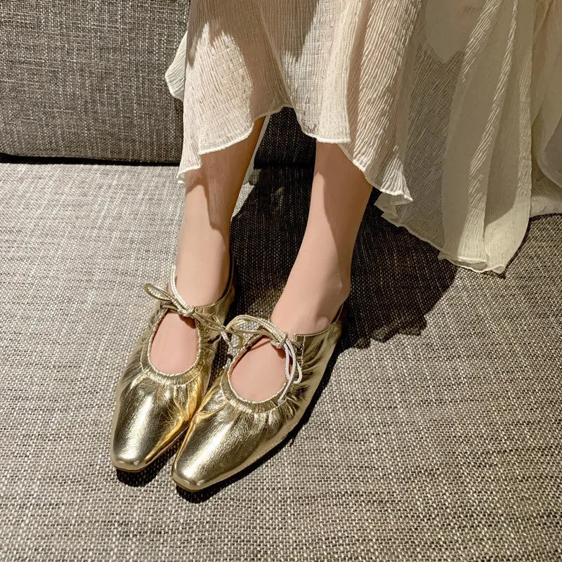 Handmade Leather Lolita Style Point Toe Flats in Golden/Silver