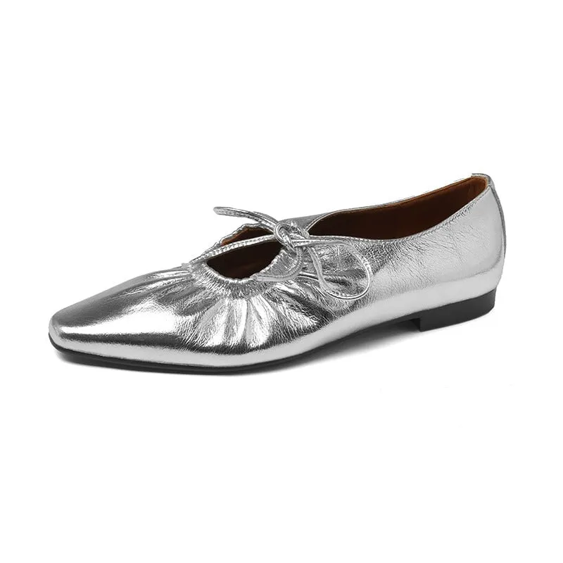 Handmade Leather Lolita Style Point Toe Flats in Golden/Silver