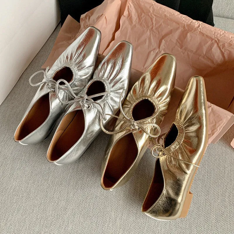 Handmade Leather Lolita Style Point Toe Flats in Golden/Silver