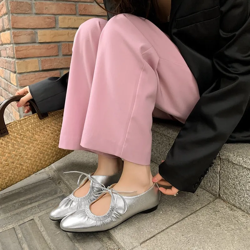 Handmade Leather Lolita Style Point Toe Flats in Golden/Silver