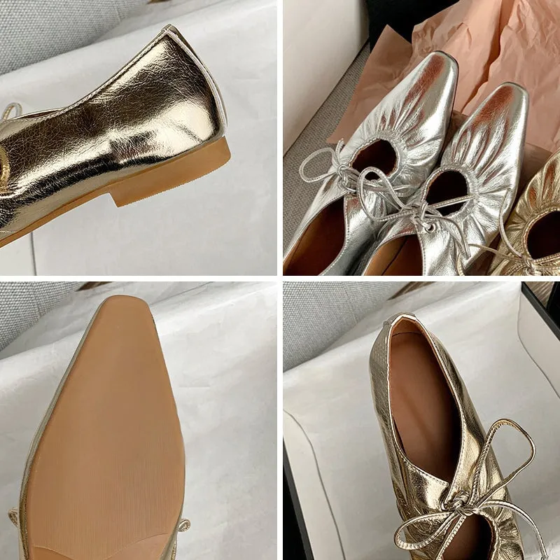 Handmade Leather Lolita Style Point Toe Flats in Golden/Silver