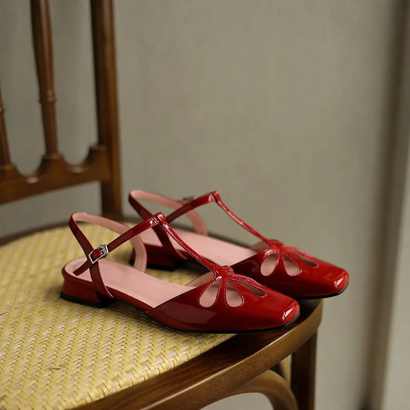 Handmade Sandals Mary Jane Flats T Strap Detail in Red/Beige/Silver