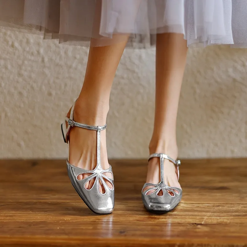 Handmade Sandals Mary Jane Flats T Strap Detail in Red/Beige/Silver