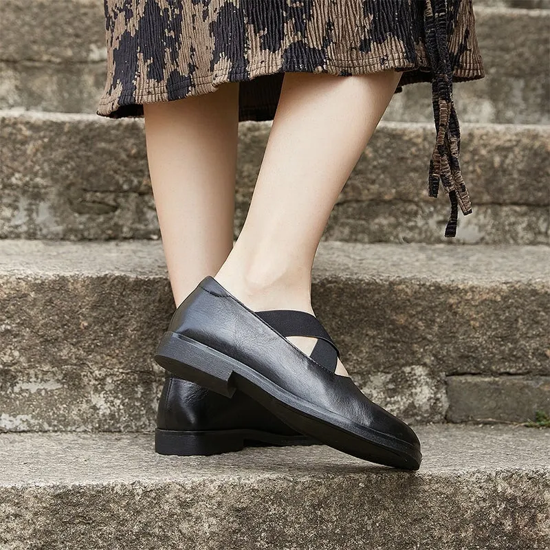 Handmade Soft Leather Mary Jane Shoes Split Toe and Cross Strap in Black/Coffee