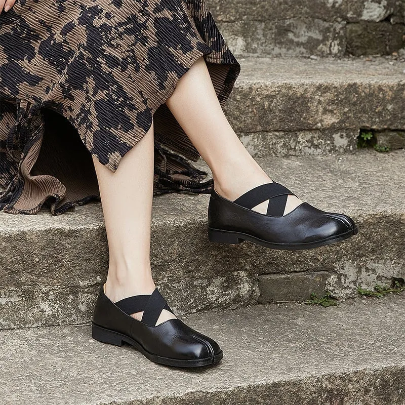 Handmade Soft Leather Mary Jane Shoes Split Toe and Cross Strap in Black/Coffee