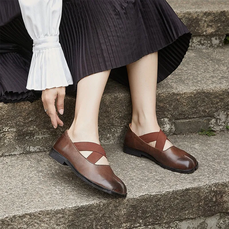 Handmade Soft Leather Mary Jane Shoes Split Toe and Cross Strap in Black/Coffee