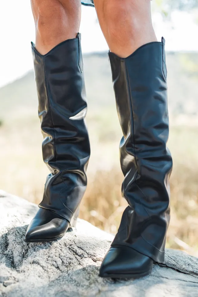 Heather Black Leather Fold Over Boots