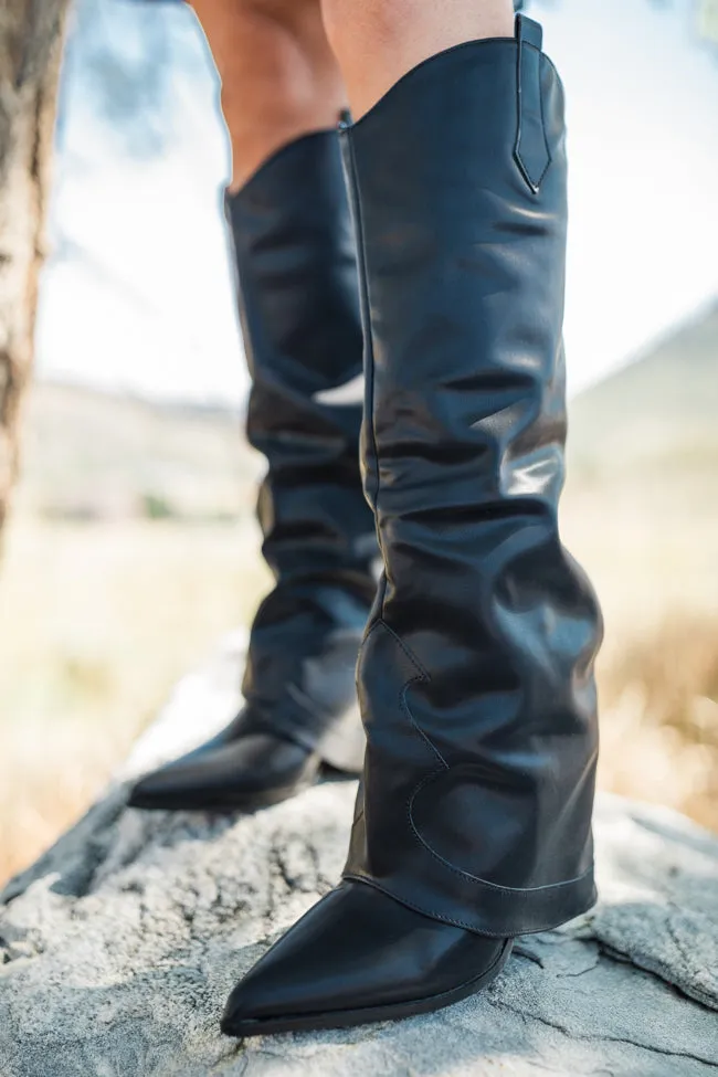 Heather Black Leather Fold Over Boots