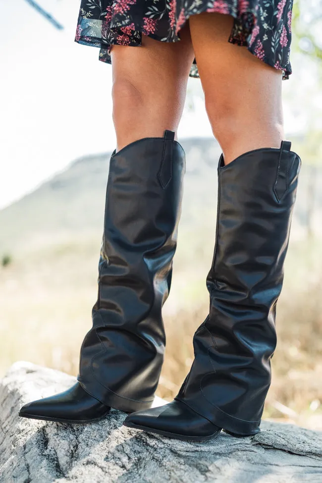 Heather Black Leather Fold Over Boots